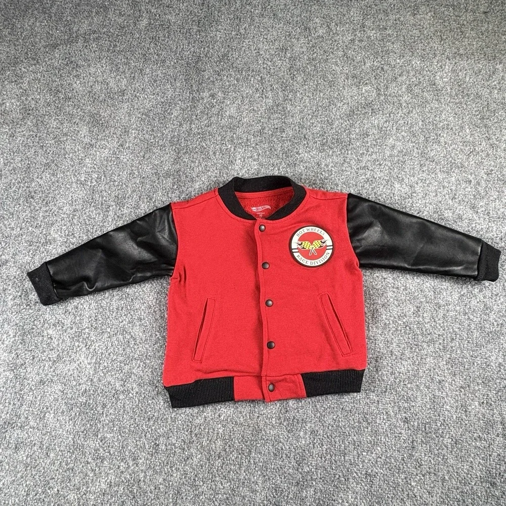 Hot Wheels Jacket Boys 2T Red Black Varsity Bomber Racing League Race Car Toys